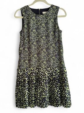 Loft Black and Green Print Drop Waist Sleeveless Pleated Dress Size 2